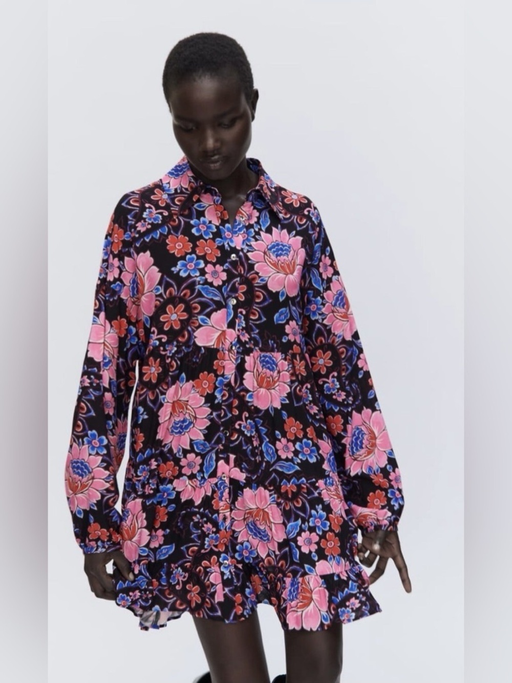Zara floral babydoll mini dress tunic long sleeve  button down shirt colorful